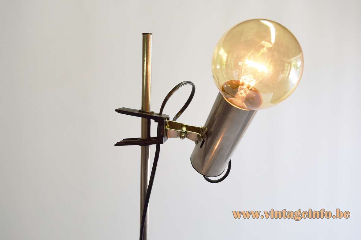 1960s clamp floor lamp chrome round base rod tubes globe light bulbs 1970s Targetti Sankey Italy