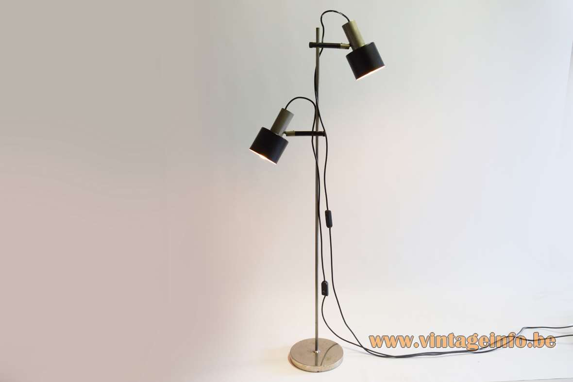  1960s nickel-plated floor lamp round base chrome black rods 2 E27 lamp sockets 1970s Mid-Century Modern