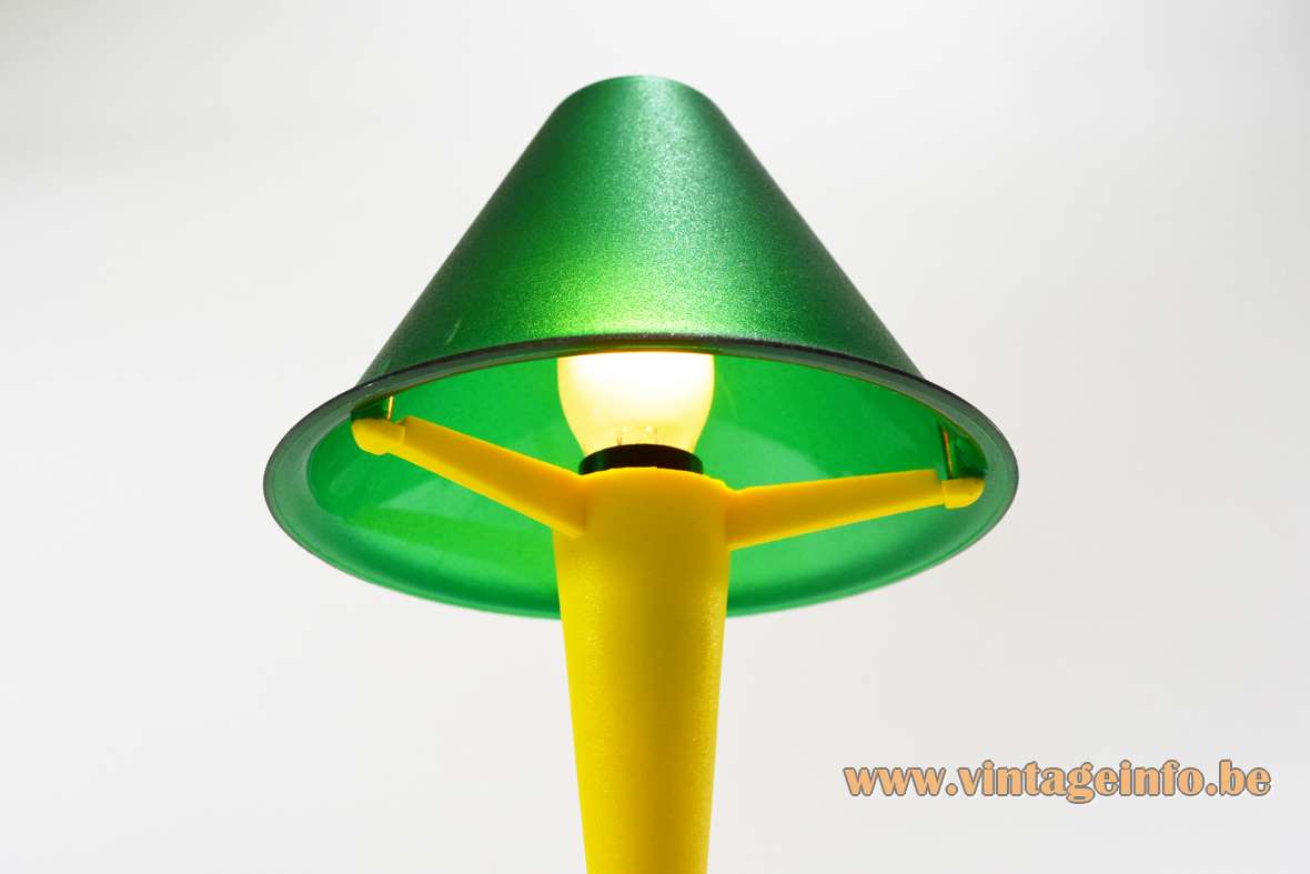 1990s Lampada T. table lamp moulded conical plastic yellow green blue Stilplast Italy Philippe Starck inside view