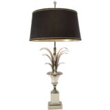 Boulanger chrome reed table lamp palm leaves urn square base round fabric lampshade 1960s 1970s Belgium