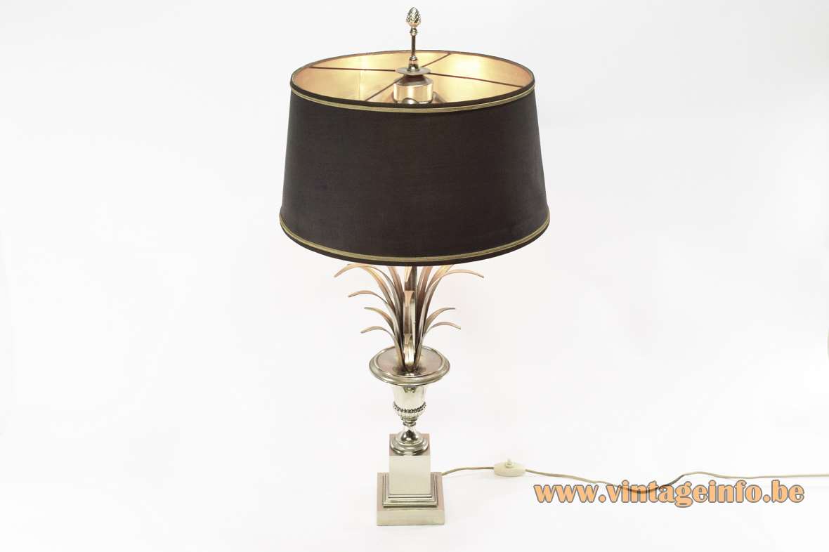 Boulanger chrome reed table lamp palm leaves urn square base round fabric lampshade 1960s 1970s Belgium