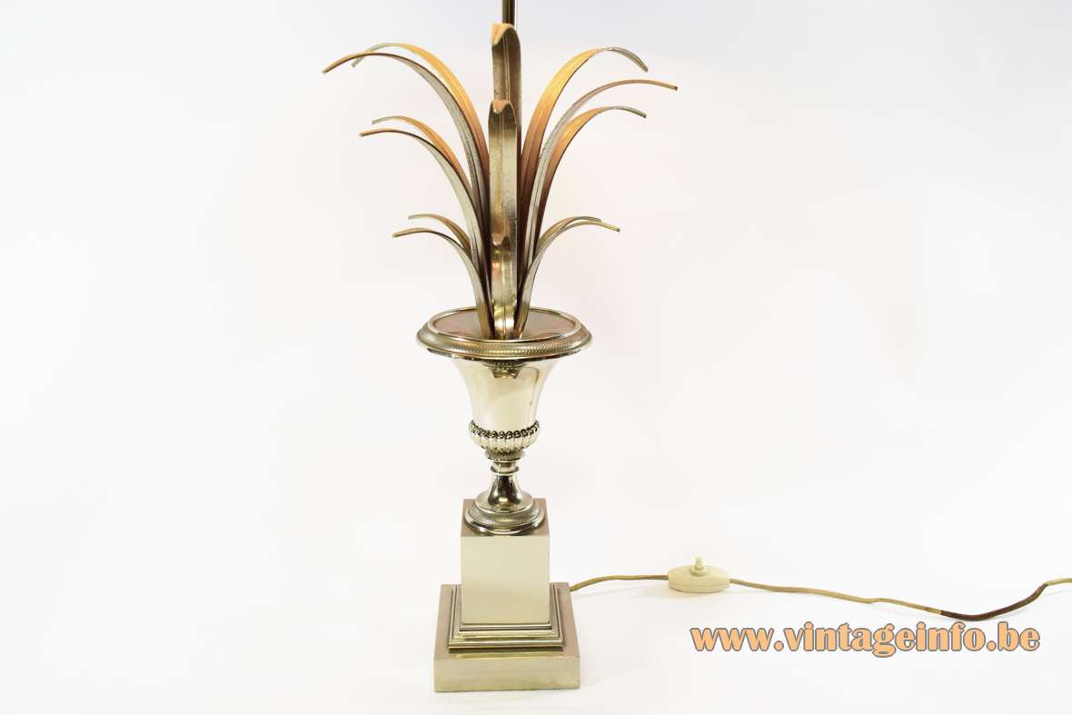 Boulanger chrome reed table lamp palm leaves urn square base round fabric lampshade 1960s 1970s Belgium