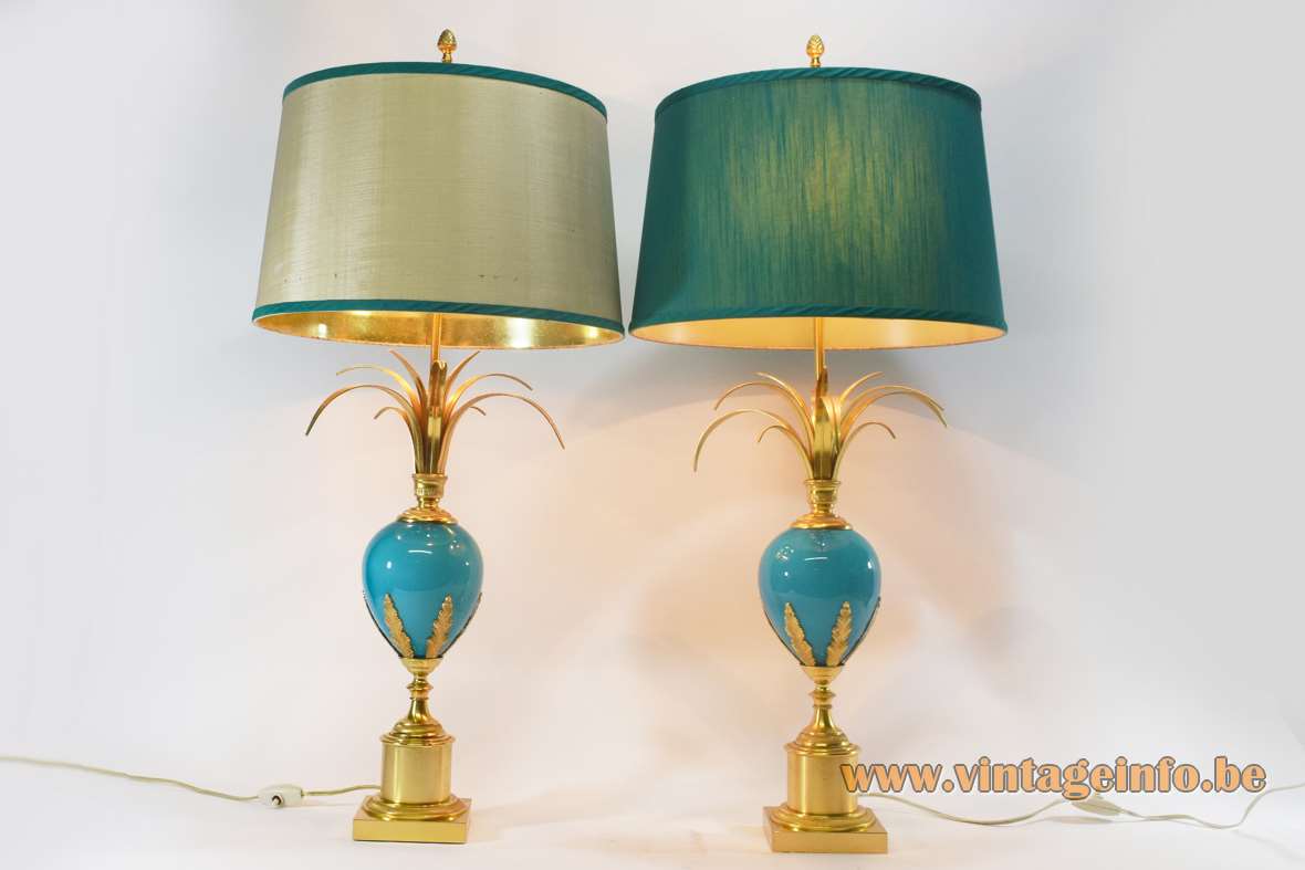 Boulanger turquoise ostrich egg table lamp brass palm leaves opal glass fabric lampshade 1960s 1970s vintage