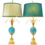 Boulanger turquoise ostrich egg table lamp brass palm leaves opal glass fabric lampshade 1960s 1970s vintage