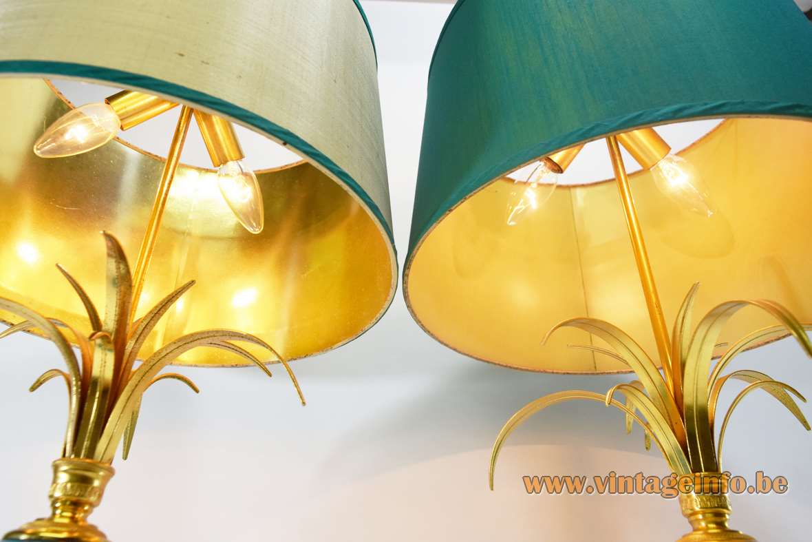 Boulanger turquoise ostrich egg table lamp brass palm leaves opal glass fabric lampshade 1960s 1970s vintage