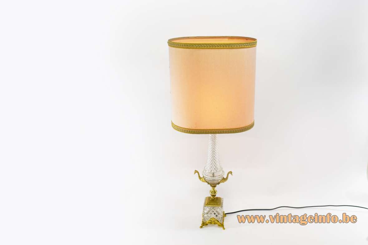 Cut Crystal ormolu swan table lamp brass legs clear glass oval fabric lampshade 1970s Boulanger Belgium