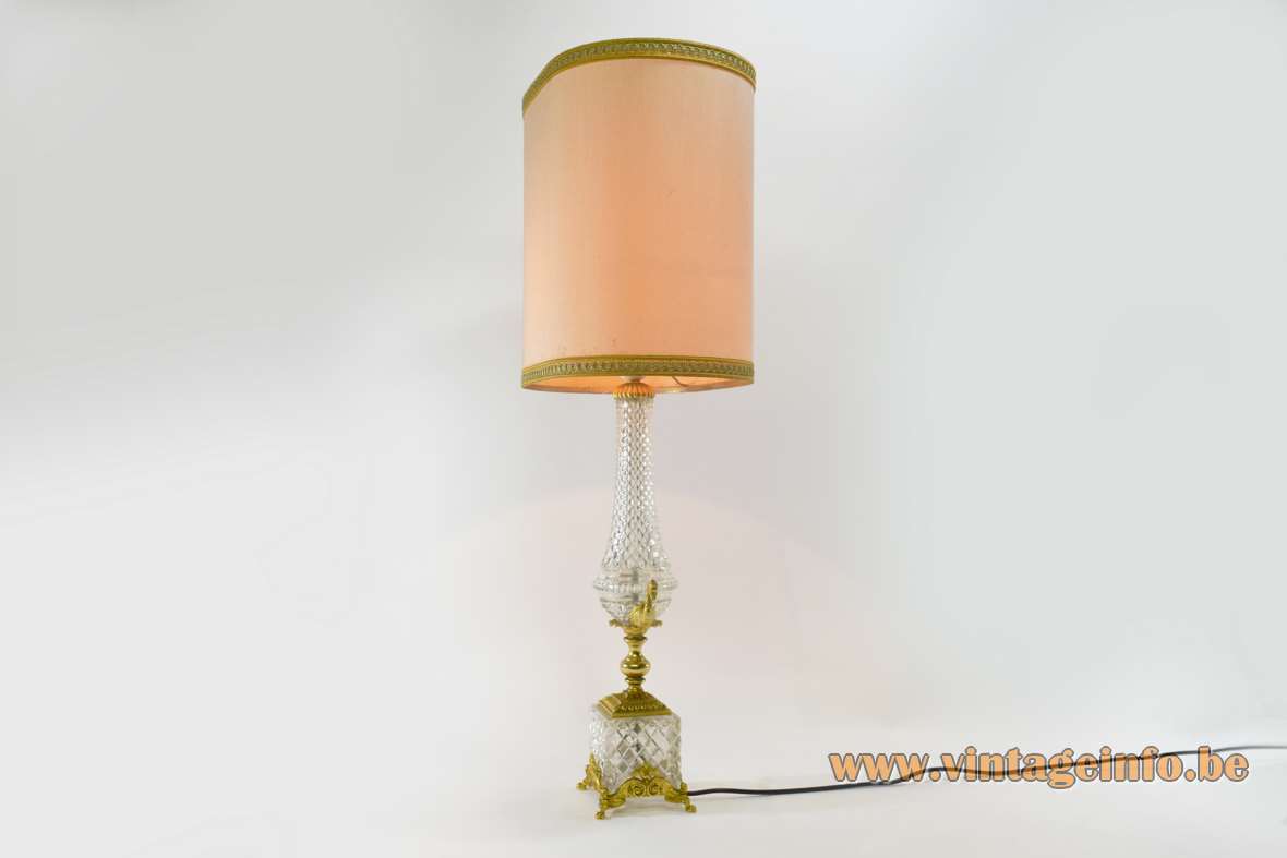 Cut Crystal ormolu swan table lamp brass legs clear glass oval fabric lampshade 1970s Boulanger Belgium