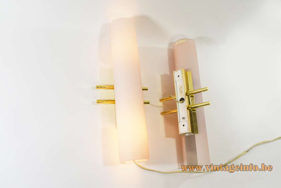 Evaluz Arriba wall lamps 2 pink salmon glass tubes gilded brass rods 1990s Barcelona Spain