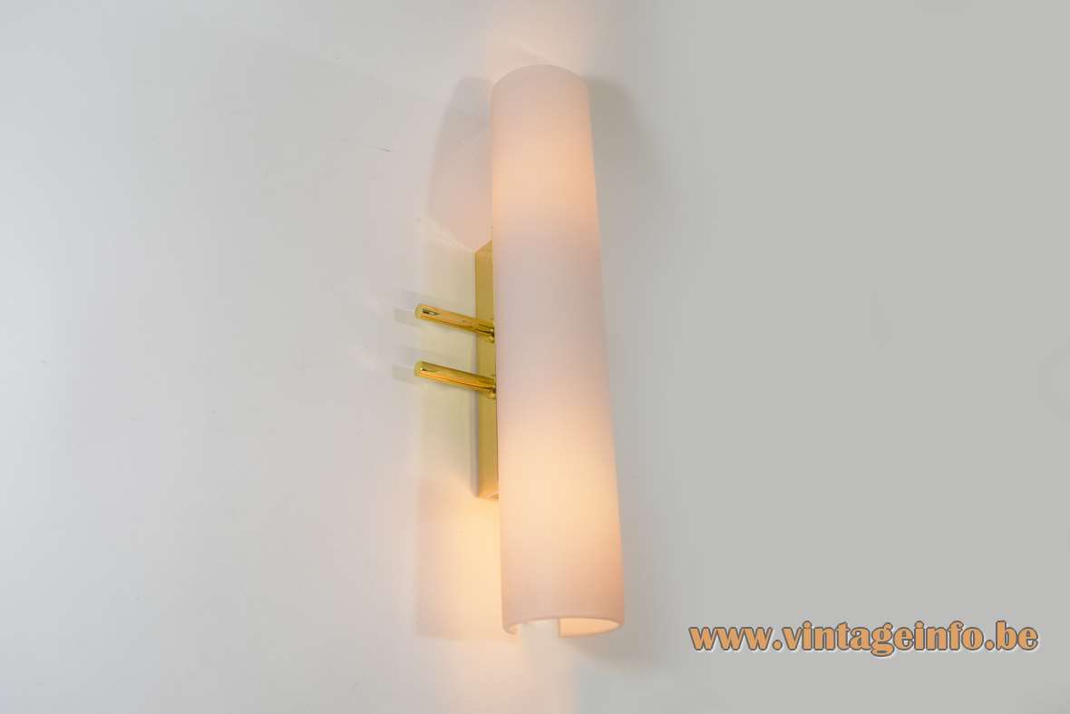 Evaluz Arriba wall lamps 2 pink salmon glass tubes gilded brass rods 1990s Barcelona Spain