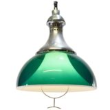 Green acrylic rise & fall pendant lamp chrome handle concave top white plastic diffuser 1960s 1970s Stilux