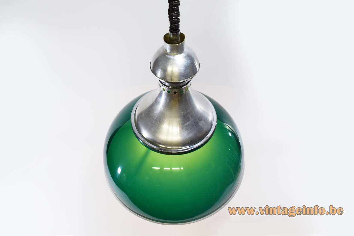 Green acrylic rise & fall pendant lamp chrome handle concave top white plastic diffuser 1960s 1970s Stilux