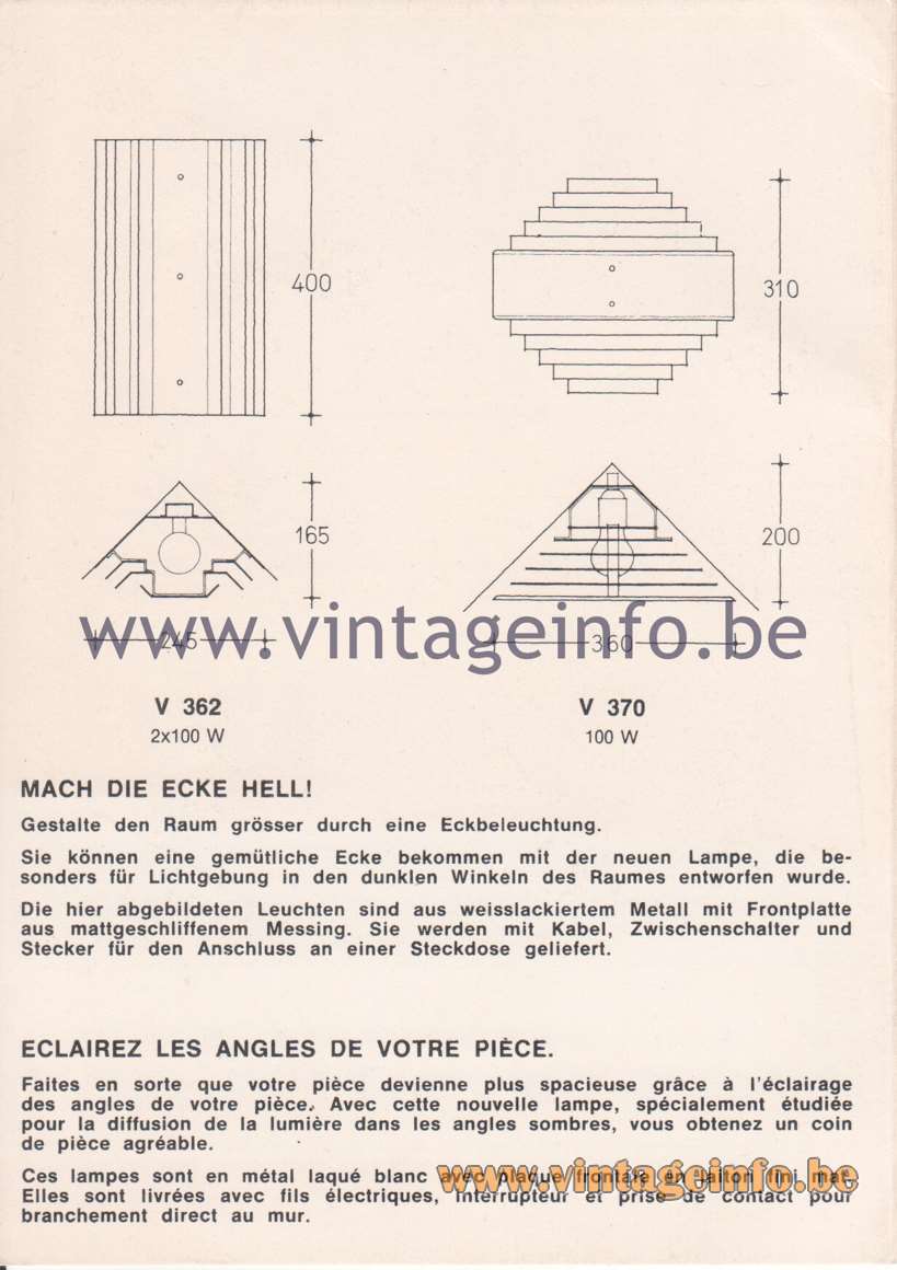 Hans-Agne Jakobsson Corner Brochures - V362 + V 370 Wall Lamps - Brighten Up The Corners