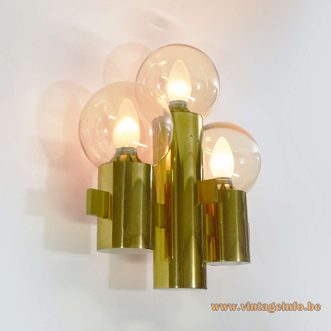Hans-Agne Jakobsson wall lamp with 3 round brass tubes and 3 glass globes 1970s