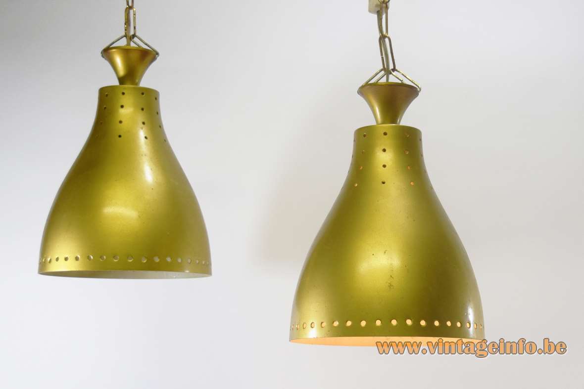 1950s billiard pendant lamps perforated round holes gold paint lampshades metal chain 1960s MCM Mid-Century Modern 