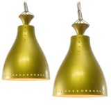 1950s billiard pendant lamps perforated round holes gold paint lampshades metal chain 1960s MCM Mid-Century Modern
