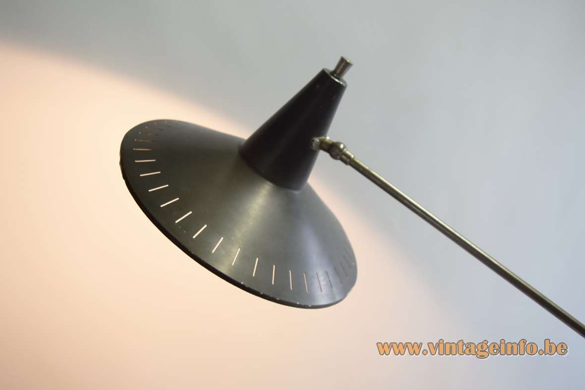 1950s Panama style floor lamp metallic grey perforated slits witch hat lampshade 1960s Van Doorn Culemborg