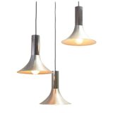 1960s trumpets pendant lamp 3 cascading brushed aluminium lampshades stainless steel tubes chrome canopy E27 sockets