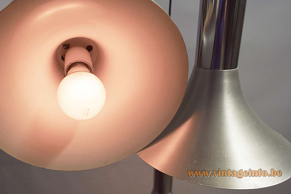 1960s trumpets pendant lamp 3 cascading brushed aluminium lampshades stainless steel tubes chrome canopy E27 sockets