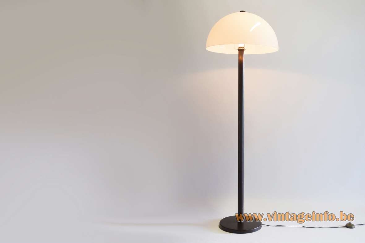 1970s mushroom floor lamp round brown base thick metal rod white acrylic Perpex lampshade 1980s Massive
