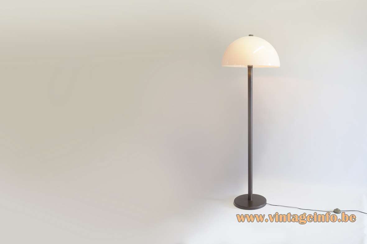 1970s mushroom floor lamp round brown base thick metal rod white acrylic Perpex lampshade 1980s Massive