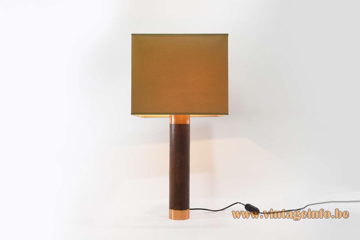 1970s teak and copper table lamp round base solid wood copper ends Bakelite socket fabric lampshade