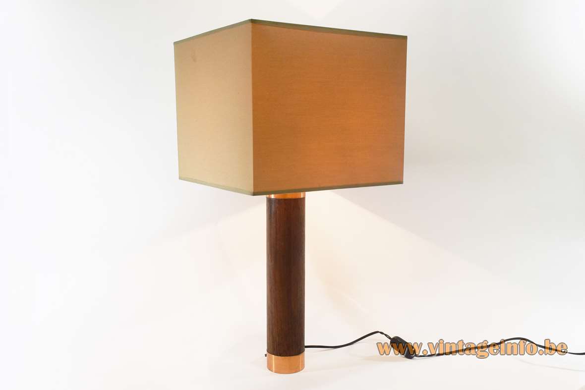 1970s teak and copper table lamp round base solid wood copper ends Bakelite socket fabric lampshade