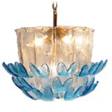 Alfredo Barbini Murano chandelier blue & clear hand-blown glass leaves brass frame 7 E14 sockets 1960s 1970s