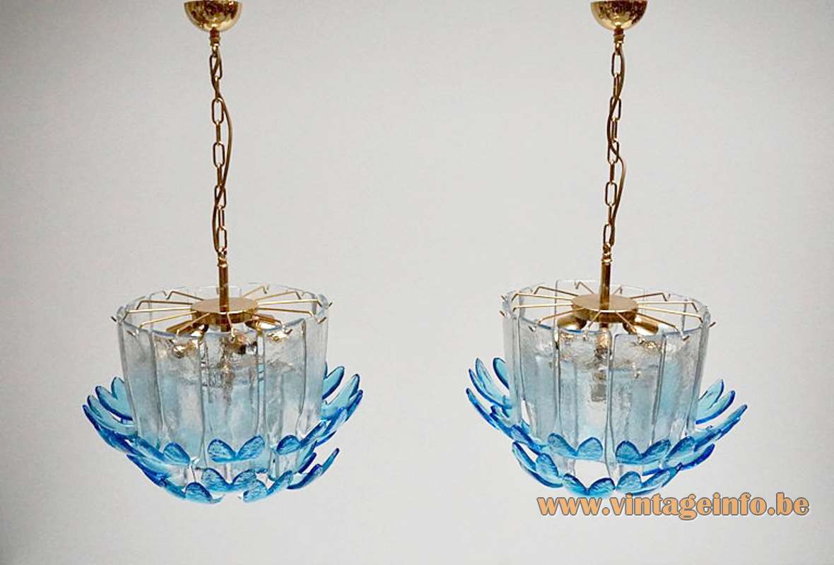 Alfredo Barbini Murano chandelier blue & clear hand blown glass leaves brass frame 7 E14 sockets 1960s 1970s
