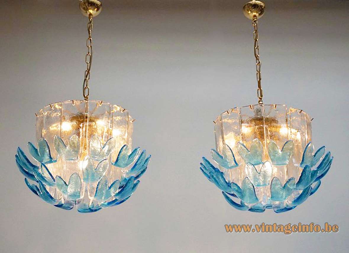 Alfredo Barbini Murano chandelier blue & clear hand blown glass leaves brass frame 7 E14 sockets 1960s 1970s