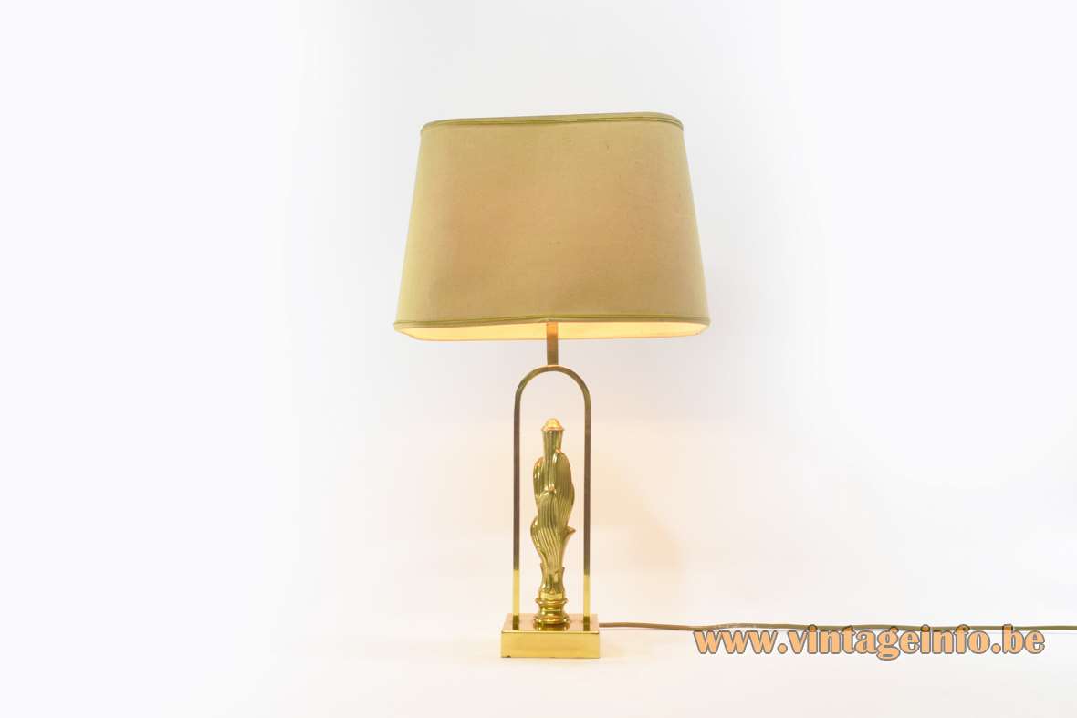 Brass eternal flame table lamp square base curved rod conical fabric lampshade 1970s 1980s Deknudt Belgium