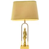 Brass eternal flame table lamp square base curved rod conical fabric lampshade 1970s 1980s Deknudt Belgium