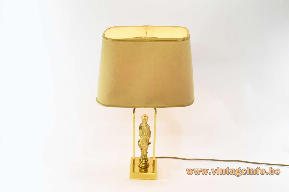 Brass eternal flame table lamp square base curved rod conical fabric lampshade 1970s 1980s Deknudt Belgium