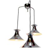 Chrome triple witch hat pendant lamp cascade hanging trumpet lampshades spider mount Massive Belgium 1960s 1970s