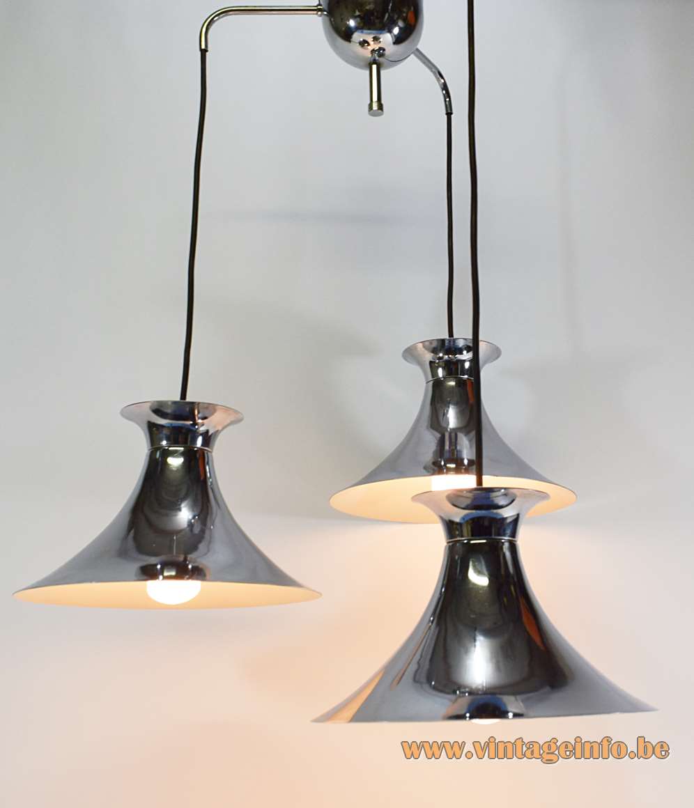 Chrome triple witch hat pendant lamp cascade hanging trumpet lampshades spider mount Massive Belgium 1960s 1970s