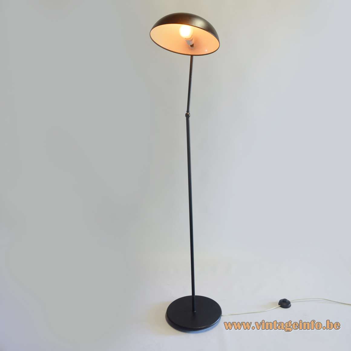 Hala black dish floor lamp round base 2 long rods joints E27 socket 1970s The Netherlands