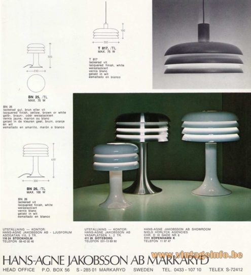Hans-Agne Jakobsson Lamingo BN 25 Table Lamp – 1960s Catalogue Picture Hans-Agne Jakobsson Lamingo BN 25 table lamp catalogue picture BN 25, BN 26 Table Lamps and T817 Pendant Lamp
