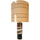 Inger Persson table lamp round ceramics black brown white glazed fabric lampshade 1960s Rörstrand Sweden