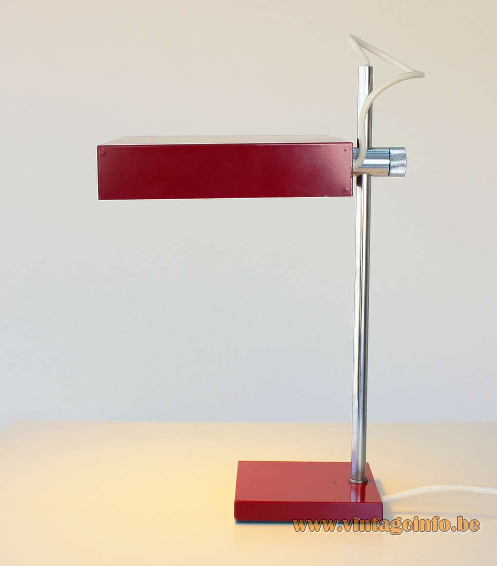 Kaiser Leuchten 6640 desk lamp 1960s design: Klaus Hempel square red base chrome rod rectangular lampshade 