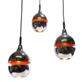 laus Hempel style pendant chandelier 3 orange chrome globes 1970s Kaiser Leuchten Massive Belgium E27 sockets