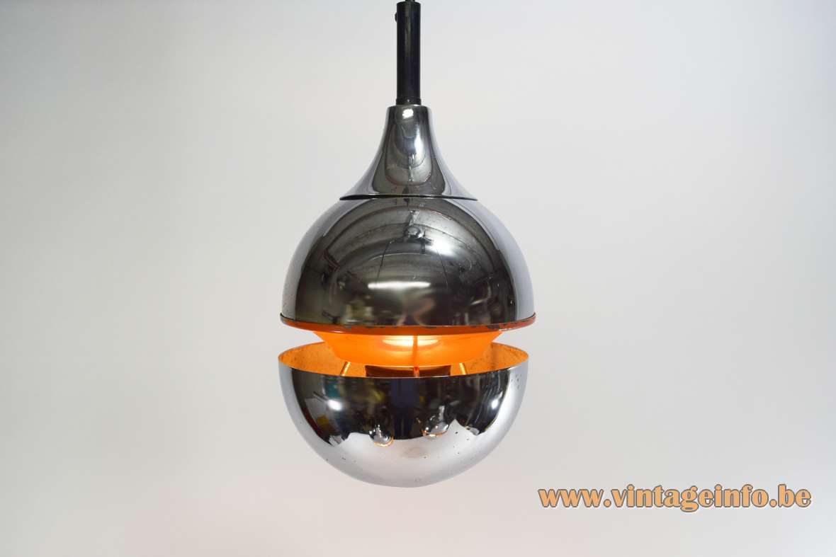 laus Hempel style pendant chandelier 3 orange chrome globes 1970s Kaiser Leuchten Massive Belgium E27 sockets