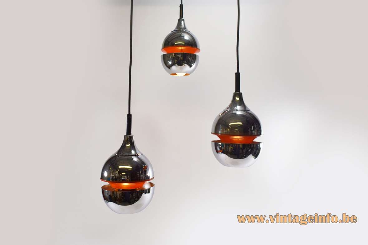 laus Hempel style pendant chandelier 3 orange chrome globes 1970s Kaiser Leuchten Massive Belgium E27 sockets