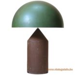 Oluce Atollo table lamp round brown aluminium base conical top green mushroom lampshade 1970s Italy