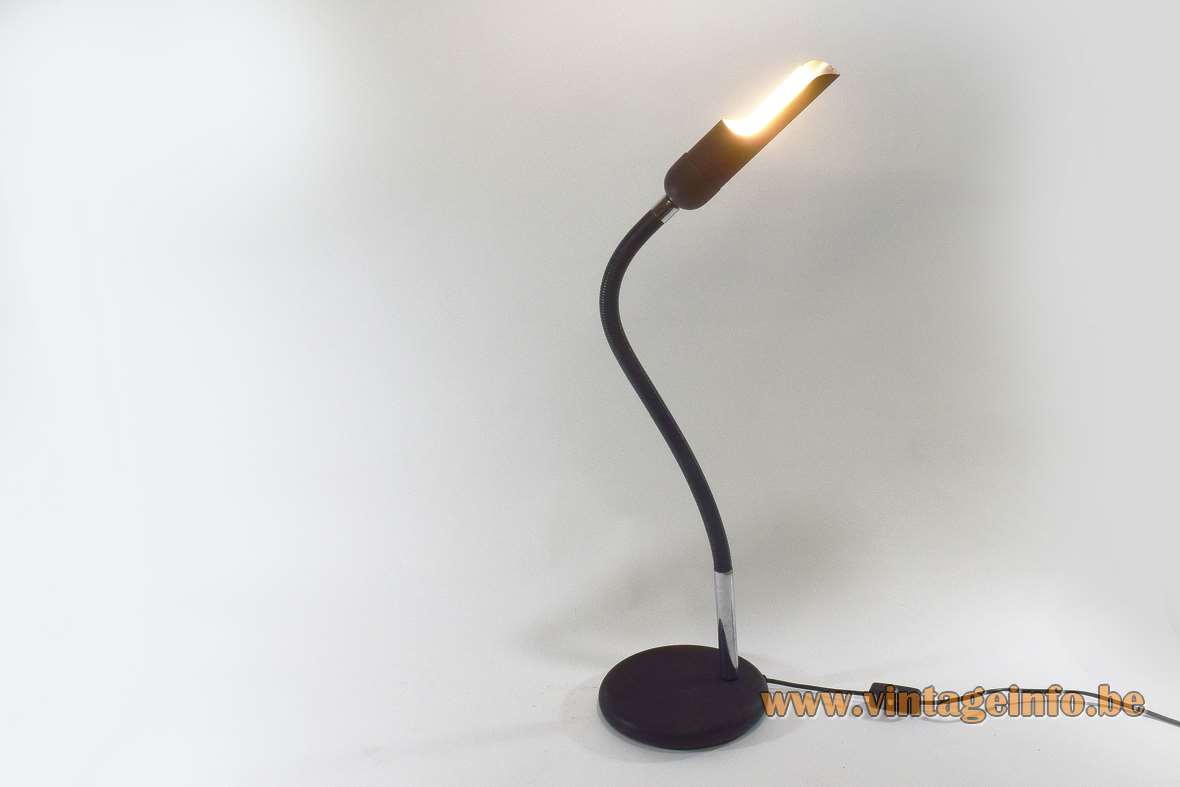 Philips Tilly desk lamp round base long black gooseneck tubular lampshade PL fluorescent lamp black chrome