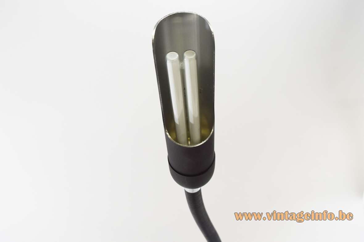 Philips Tilly desk lamp round base long black gooseneck tubular lampshade PL fluorescent lamp black chrome