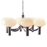 1960s Kaiser Leuchten opal globes chandelier white oval lampshades chrome tubes curved rods 6 E14 sockets