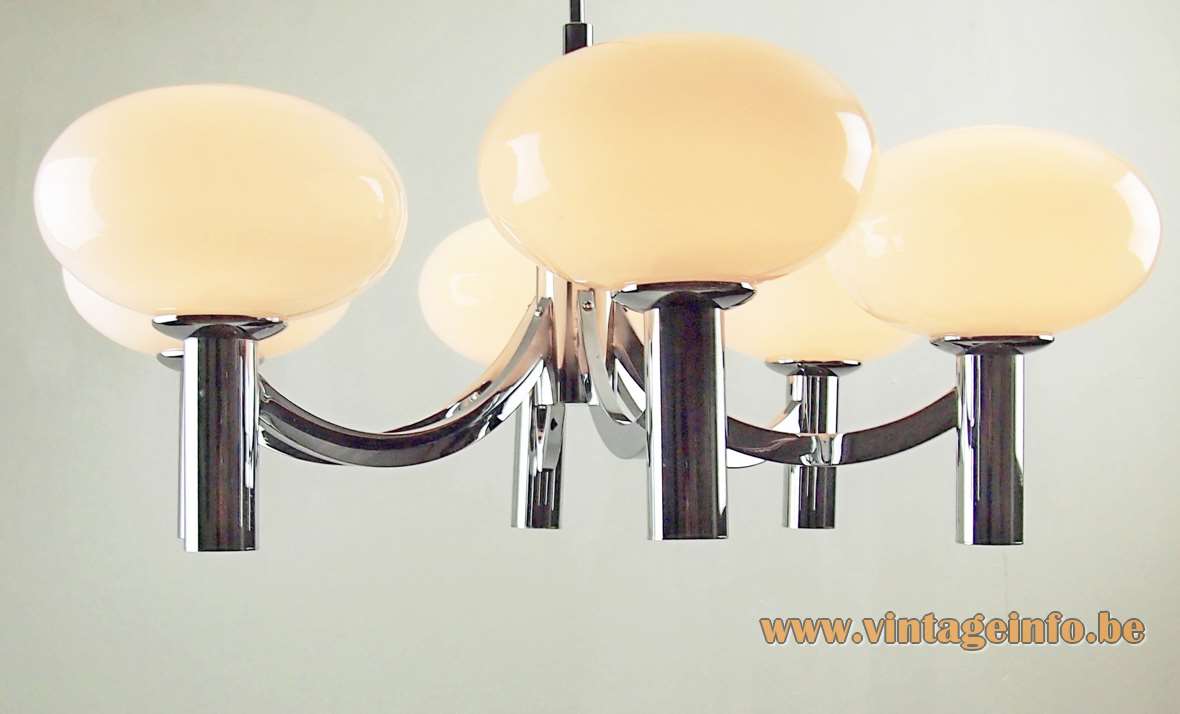 1960s Kaiser Leuchten opal globes chandelier white oval lampshades chrome tubes curved rods 6 E14 sockets 