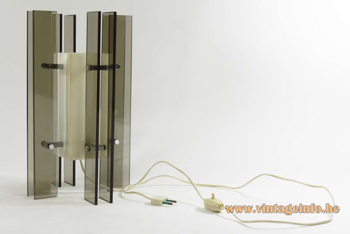 1960s smoked glass and acrylic table lamp rectangular slats geometric white beam Veca Italy 1970s FontanaArte
