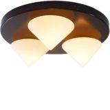 1970s Hala triple cone flush mount white opal pyramid glass round black metal mount 1980s Netherlands