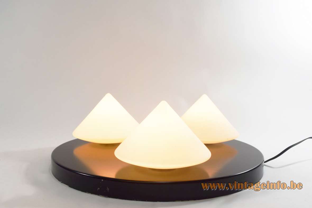 1970s Hala triple cone flush mount white opal pyramid glass round black metal mount 1980s Netherlands