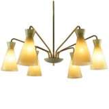 1950s diabolo chandelier 6 light yellow striped glass lampshades brass curved rods Boulanger Belgium 1960s